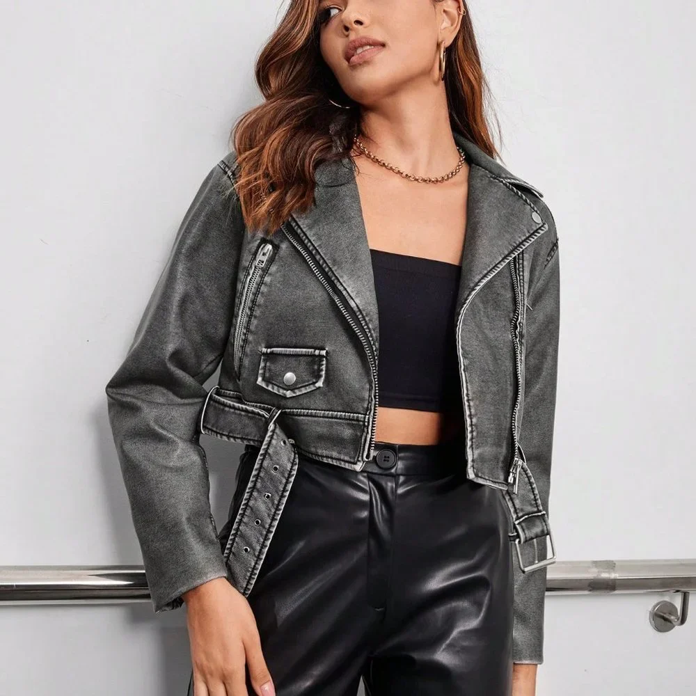 Grey Casual Womens Zip Up Belted Moto Jacket